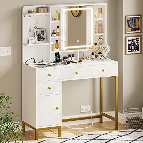 Makeup Vanity with Lights, Vanity Desk with Openable Mirror & 3-Color Dimmable, White Vanity Table with Charging Station, Makeup Desk with Visual Drawer, Hooks, Hidden and Open Storage Shelves