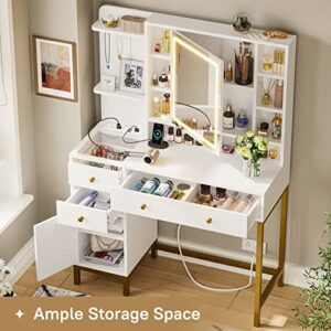 Makeup Vanity with Lights, Vanity Desk with Openable Mirror & 3-Color Dimmable, White Vanity Table with Charging Station, Makeup Desk with Visual Drawer, Hooks, Hidden and Open Storage Shelves
