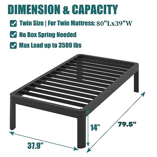 Yitong Angel Twin XL Bed Frame with Round Corner Edge Legs, 14 Inch Tall 3500 lbs Heavy Duty Metal Platform Bed Frame Twin Size, No Box Spring Needed/Noise Free/Non-Slip/Steel Slat Support