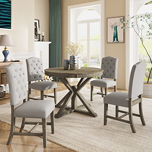 GLORHOME 5-Piece Extendable Round Dining Table Set Retro Style with 4 Upholstered Chairs for Kitchen Living Room, Natural Wood Wash