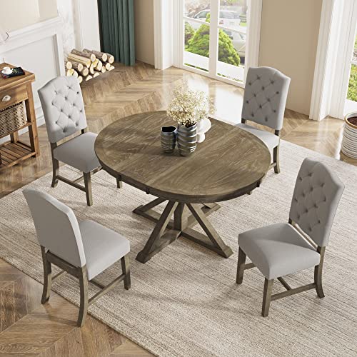 GLORHOME 5-Piece Extendable Round Dining Table Set Retro Style with 4 Upholstered Chairs for Kitchen Living Room, Natural Wood Wash