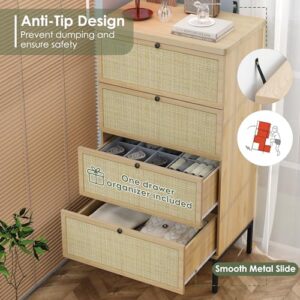 Modern Rattan 4 Drawer Dresser for Bedroom, Industrial Wood Tall Chest of Dressers with Handmade Natural Rattan Drawers, Storage Tower with Sturdy Steel Legs for Closet Living Room