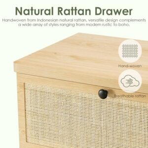 Modern Rattan 4 Drawer Dresser for Bedroom, Industrial Wood Tall Chest of Dressers with Handmade Natural Rattan Drawers, Storage Tower with Sturdy Steel Legs for Closet Living Room