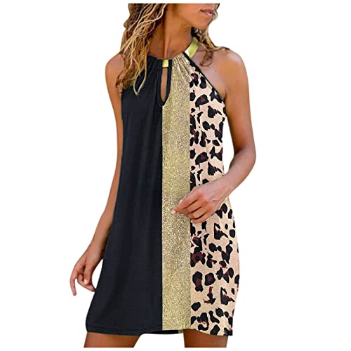 Pregnancy Dresses for Women, Women Dress Dresses 2023 Summer Long Dresses Women's Fashion 2022 Printed Strapless Hanging Neck Sleeveless Dress Wedding Party Sleeve Cocktail Dress (XXL, Leopard Print)