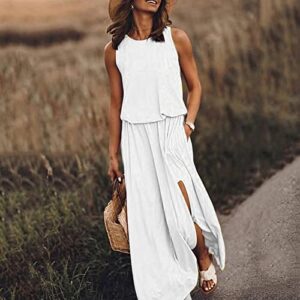 Vestidos Casuales para Mujer, Summer Dresses for Women 2023 Beach Mini Dress Long Sleeve Tshirt Tank Dresses Casual Sleeveless Casual Solid-Color Swing Dresses Party Round Neck (L, White)