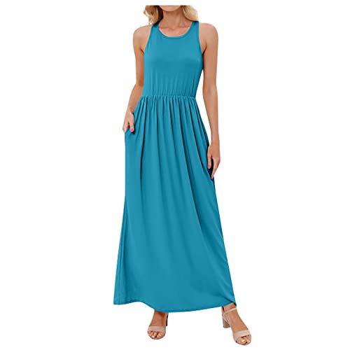 Flowy Dresses for Women, Country Dress Vestido De Navidad para Mujer Summer Long Dress Women Casual Women's Dress Loose Solid Color Sleeveless Vest Dress Dresses Wedding Guest (M, Light Blue)