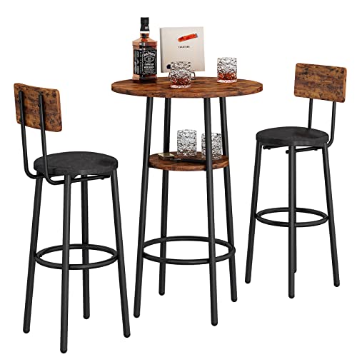 Lostcat 3-Piece Bar Table Chairs Set,Bar Table and Chairs Set with PU Upholstered and Backrest for Kitchen Small Dining, Living Room,Rustic Brown