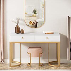 tribesigns 47 inch white and gold computer desk with 2 drawers, modern simple white vanity desks makeup table with heavy duty golden metal frame handles for home bedroom (without mirror)