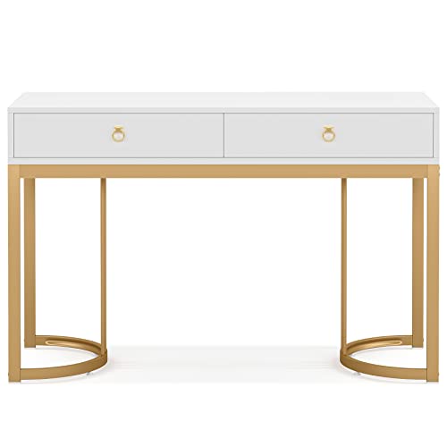 Tribesigns 47 inch White and Gold Computer Desk with 2 Drawers, Modern Simple White Vanity Desks Makeup Table with Heavy Duty Golden Metal Frame Handles for Home Bedroom (Without Mirror)