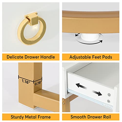 Tribesigns 47 inch White and Gold Computer Desk with 2 Drawers, Modern Simple White Vanity Desks Makeup Table with Heavy Duty Golden Metal Frame Handles for Home Bedroom (Without Mirror)