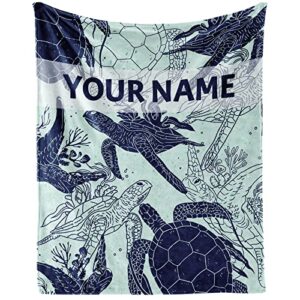 personalized sea turtle blanket with name - soft, fuzzy & warm - 40"x50" small blanket for couch, sofa - blue cute throw gifts for adults, kids