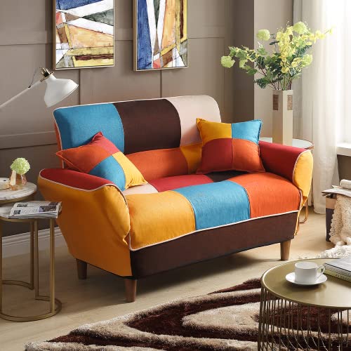 WILLIAMSPACE Convertible Futon Sofa Bed with 2 Pillows, Loveseat Sleeper Sofa Couch with Adjustable Armrest and Wood Legs, Recliner Sofa Couch with 3-Angle Backrest for Small Space - Colorful