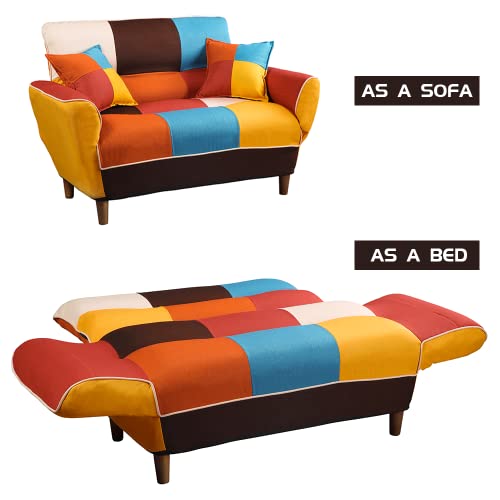 WILLIAMSPACE Convertible Futon Sofa Bed with 2 Pillows, Loveseat Sleeper Sofa Couch with Adjustable Armrest and Wood Legs, Recliner Sofa Couch with 3-Angle Backrest for Small Space - Colorful