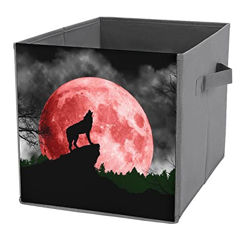 Blood Red Moon Wolf Canvas Collapsible Storage Bins Cube Organizer Baskets with Handles for Home Office Car