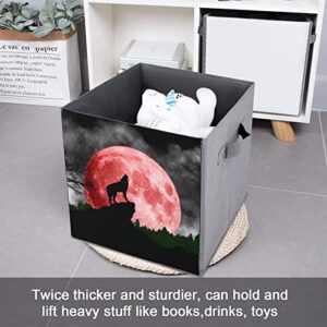 Blood Red Moon Wolf Canvas Collapsible Storage Bins Cube Organizer Baskets with Handles for Home Office Car