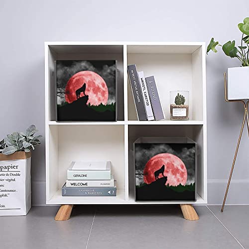 Blood Red Moon Wolf Canvas Collapsible Storage Bins Cube Organizer Baskets with Handles for Home Office Car