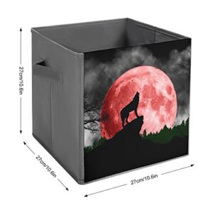 Blood Red Moon Wolf Canvas Collapsible Storage Bins Cube Organizer Baskets with Handles for Home Office Car