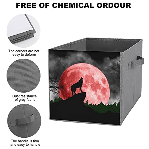 Blood Red Moon Wolf Canvas Collapsible Storage Bins Cube Organizer Baskets with Handles for Home Office Car