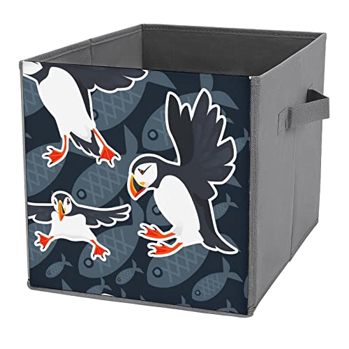 Flying Atlantic Puffin Canvas Collapsible Storage Bins Cube Organizer Baskets with Handles for Home Office Car