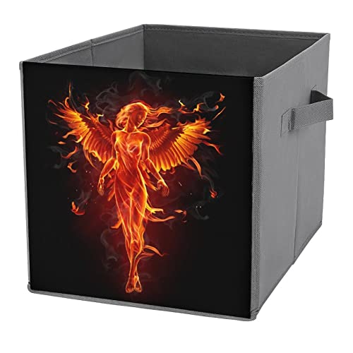 Burning Angel of Flame Canvas Collapsible Storage Bins Cube Organizer Baskets with Handles for Home Office Car