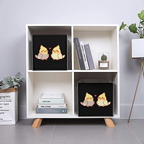 Cute Cartoon Cockatiel Canvas Collapsible Storage Bins Cube Organizer Baskets with Handles for Home Office Car