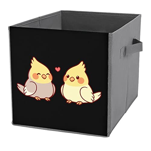 Cute Cartoon Cockatiel Canvas Collapsible Storage Bins Cube Organizer Baskets with Handles for Home Office Car