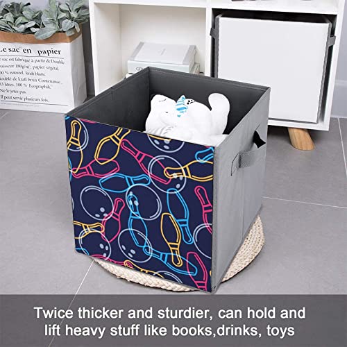 Bowling Ball Bowling Pins Canvas Collapsible Storage Bins Cube Organizer Baskets with Handles for Home Office Car