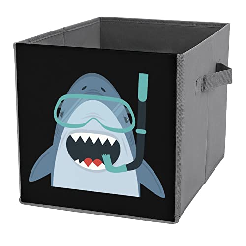 Funny Diving Shark Canvas Collapsible Storage Bins Cube Organizer Baskets with Handles for Home Office Car