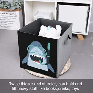 Funny Diving Shark Canvas Collapsible Storage Bins Cube Organizer Baskets with Handles for Home Office Car