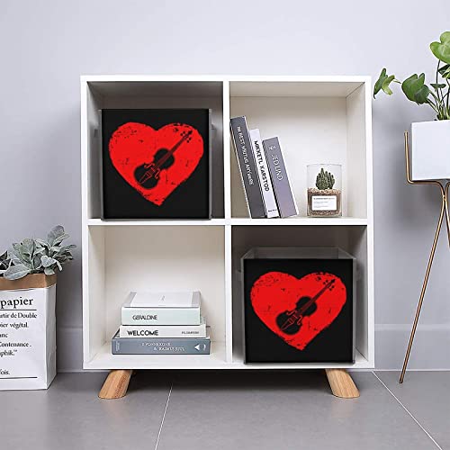 Heart Violin Love Canvas Collapsible Storage Bins Cube Organizer Baskets with Handles for Home Office Car