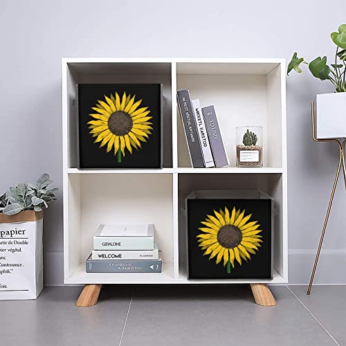 Yellow Sunflower Canvas Collapsible Storage Bins Cube Organizer Baskets with Handles for Home Office Car