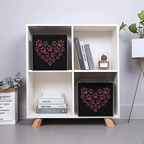 Dog Paws Print Heart Canvas Collapsible Storage Bins Cube Organizer Baskets with Handles for Home Office Car