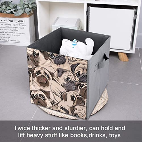 Funny Pug Dogs Faces Canvas Collapsible Storage Bins Cube Organizer Baskets with Handles for Home Office Car