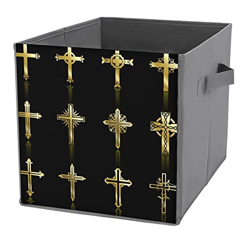 Religious Cross Canvas Collapsible Storage Bins Cube Organizer Baskets with Handles for Home Office Car