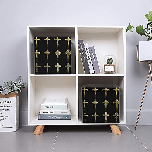 Religious Cross Canvas Collapsible Storage Bins Cube Organizer Baskets with Handles for Home Office Car