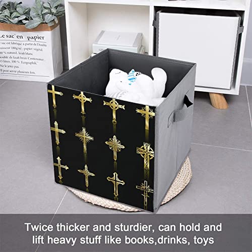 Religious Cross Canvas Collapsible Storage Bins Cube Organizer Baskets with Handles for Home Office Car