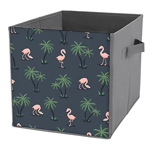 Pink Flamingo Birds and Palm Trees Canvas Collapsible Storage Bins Cube Organizer Baskets with Handles for Home Office Car