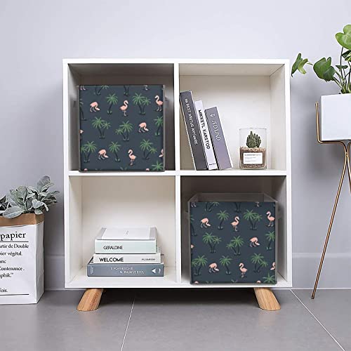 Pink Flamingo Birds and Palm Trees Canvas Collapsible Storage Bins Cube Organizer Baskets with Handles for Home Office Car