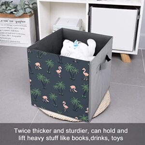 Pink Flamingo Birds and Palm Trees Canvas Collapsible Storage Bins Cube Organizer Baskets with Handles for Home Office Car