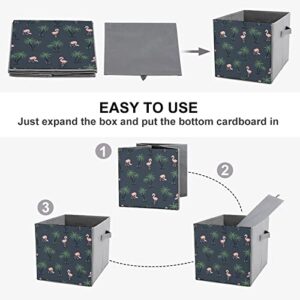 Pink Flamingo Birds and Palm Trees Canvas Collapsible Storage Bins Cube Organizer Baskets with Handles for Home Office Car