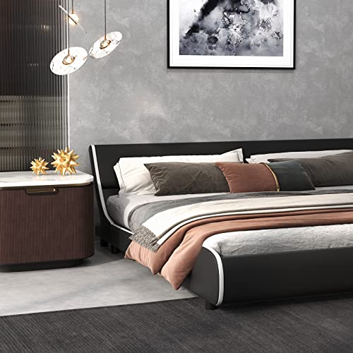 GOFLAME King Bed Frame, Modern Upholstered Platform Bed with Adjustable Headboard, Solid Wooden Slat Support, Faux Leather Luxury Reclining Bed Frame, No Box Spring Needed