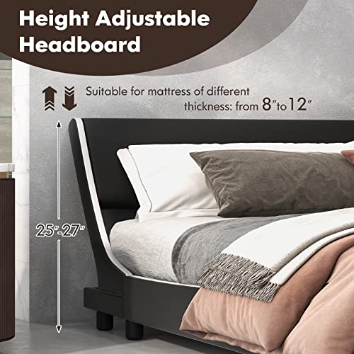 GOFLAME King Bed Frame, Modern Upholstered Platform Bed with Adjustable Headboard, Solid Wooden Slat Support, Faux Leather Luxury Reclining Bed Frame, No Box Spring Needed