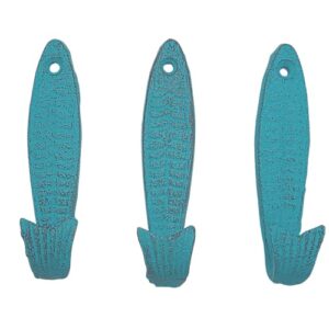 light blue fish tail cast iron wall hooks, wall mounted for hanging coats, purses, towels, hats, beach themed wall décor, set of 3, 5 inches high