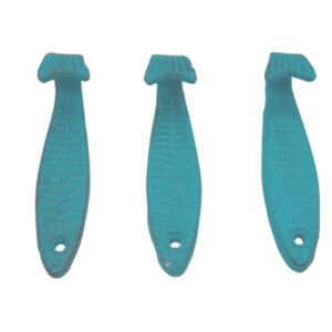 Light Blue Fish Tail Cast Iron Wall Hooks, Wall Mounted for Hanging Coats, Purses, Towels, Hats, Beach Themed Wall Décor, Set of 3, 5 Inches High