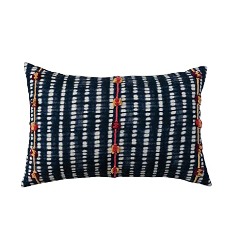 Creative Co-Op Cotton Slub Tie Dye Lumbar Pillow Cover with Embroidered Accents, Multicolor,Navy