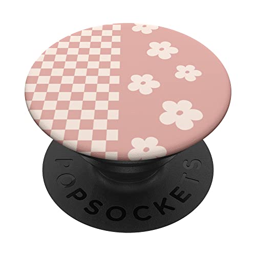 Aesthetic Checker Retro Groovy Flowers in Cream Peach Pink PopSockets Swappable PopGrip