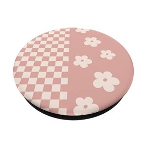 Aesthetic Checker Retro Groovy Flowers in Cream Peach Pink PopSockets Swappable PopGrip