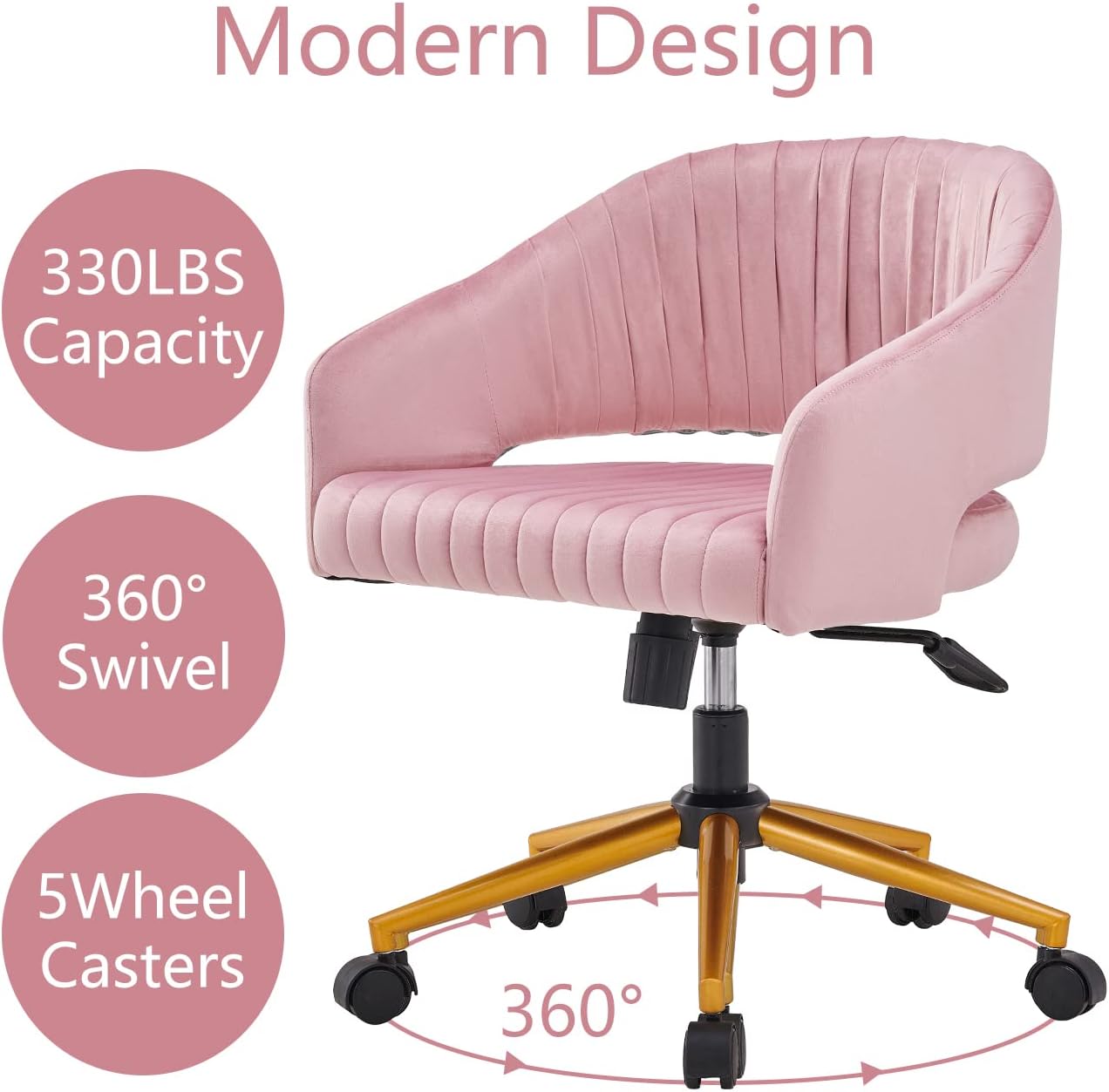 Home Office Cute Desk Chair Swivel Velvet Modern Cute Desk Chair with Gold Base, Ergonomic Study Seat, Computer Task Stools for Living Room (Pink)