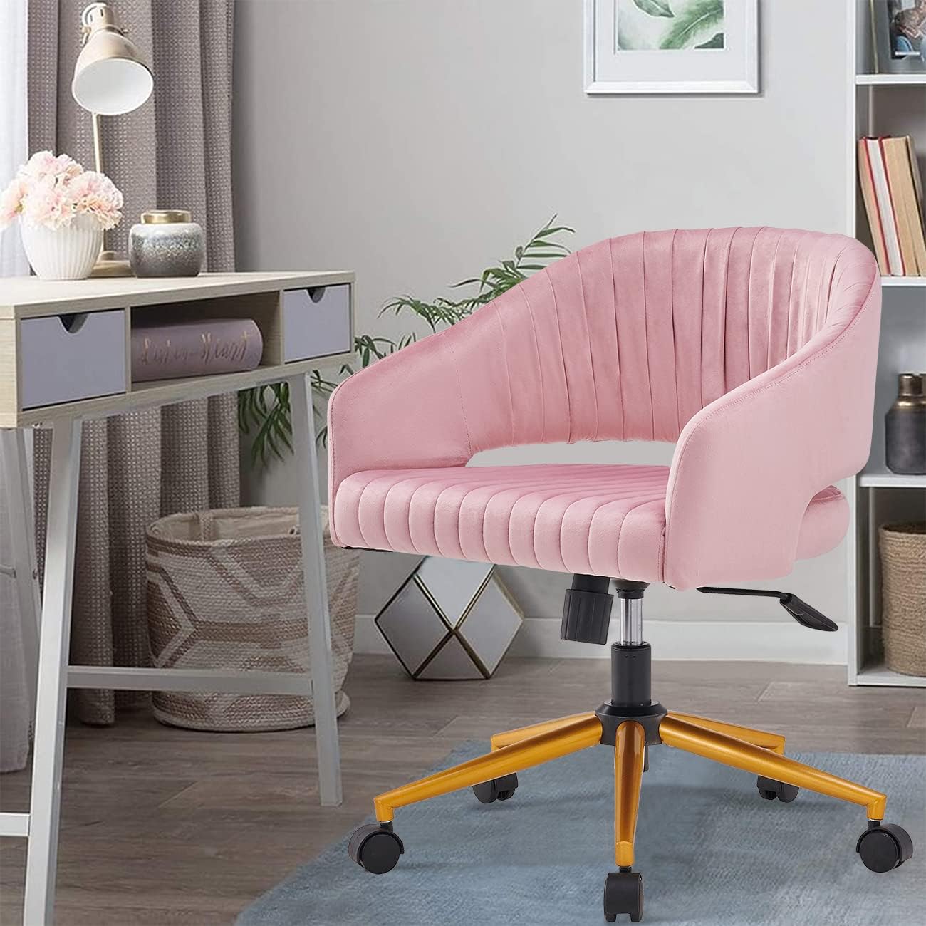 Home Office Cute Desk Chair Swivel Velvet Modern Cute Desk Chair with Gold Base, Ergonomic Study Seat, Computer Task Stools for Living Room (Pink)