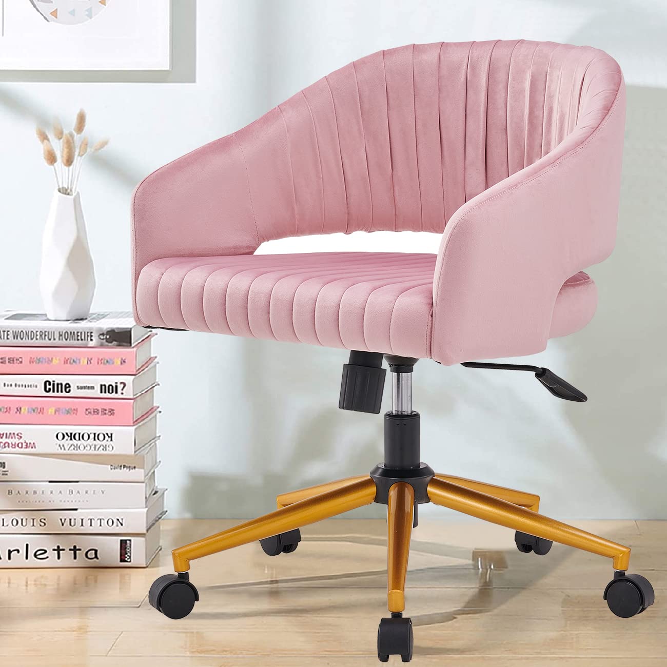 Home Office Cute Desk Chair Swivel Velvet Modern Cute Desk Chair with Gold Base, Ergonomic Study Seat, Computer Task Stools for Living Room (Pink)